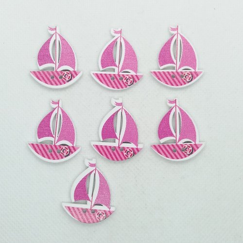 7 boutons en bois fantaisie - bateaux rose - 30x26mm - bri575
