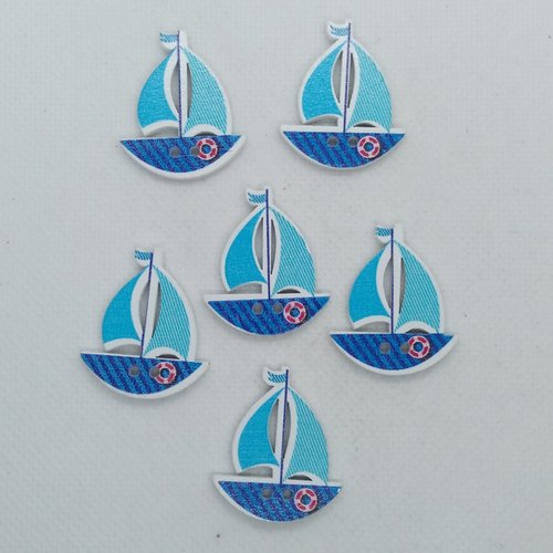 6 boutons en bois fantaisie - bateaux bleu - 30x26mm - bri575