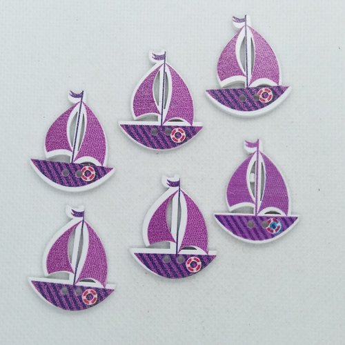 6 boutons en bois fantaisie - bateaux mauve et violet - 30x26mm - bri575
