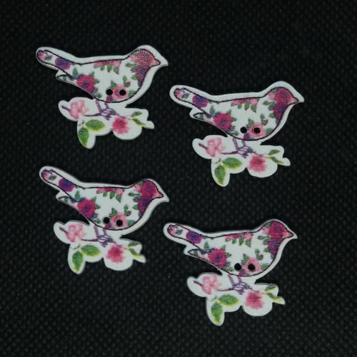 4 boutons en bois fantaisie - des oiseaux - fleur multicolore - 31x26mm - bri576n5