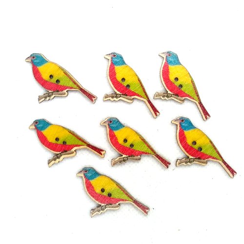 7 boutons en bois fantaisie - oiseaux multicolore - bri587