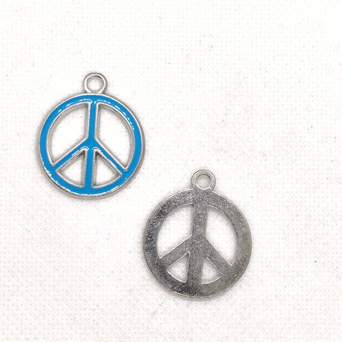 1 breloque peace and love - métal et email bleu - 24x29mm - b152