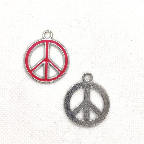 1 breloque peace and love - métal et email fushia - 24x29mm - b154