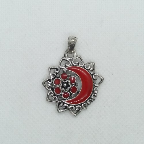 Pendentif en métal argenté - une lune et fleur rouge - 35x30mm - 22