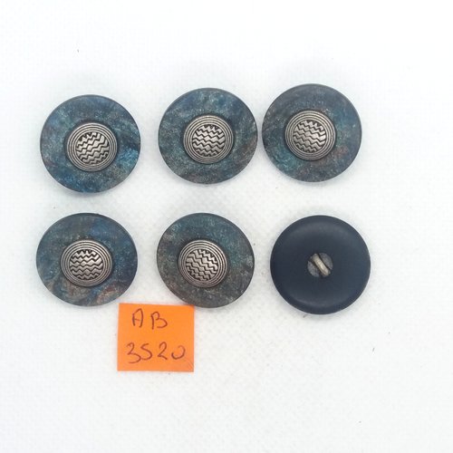 6 boutons en résine bleu/gris et argenté - 22mm - ab3520