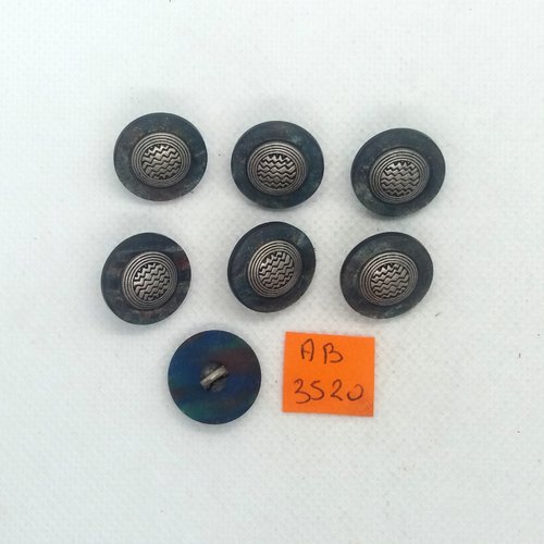 7 boutons en résine bleu/gris et argenté - 18mm - ab3520