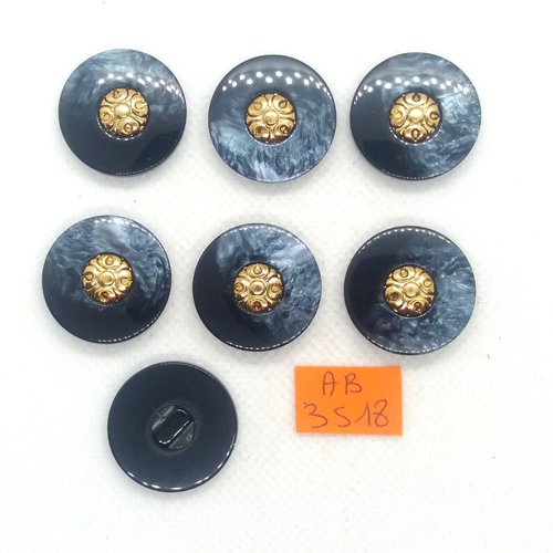 7 boutons en résine bleu et doré - 23mm - ab3518