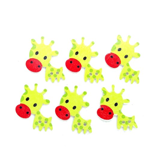 6 boutons en bois fantaisie - girafe vert et rouge - 23x33mm - bri579