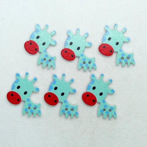 6 boutons en bois fantaisie - girafe bleu et rouge - 23x33mm - bri579