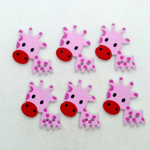 6 boutons en bois fantaisie - girafe rose et rouge - 23x33mm - bri579