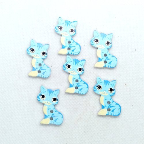 6 boutons en bois fantaisie - chat bleu clair et ivoire - 27x20mm - bri582