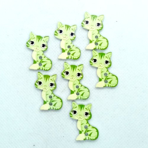 7 boutons en bois fantaisie - chat vert et ivoire - 27x20mm - bri582