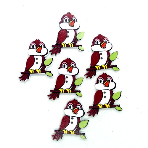 6 boutons en bois fantaisie - oiseaux marron et blanc - 24x31mm - bri584