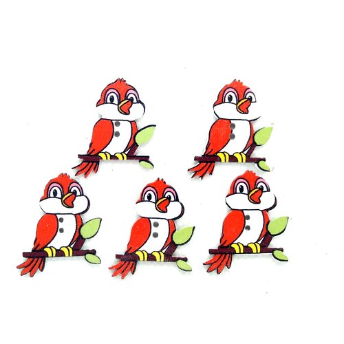 5 boutons en bois fantaisie - oiseaux orange foncé et blanc - 24x31mm - bri584