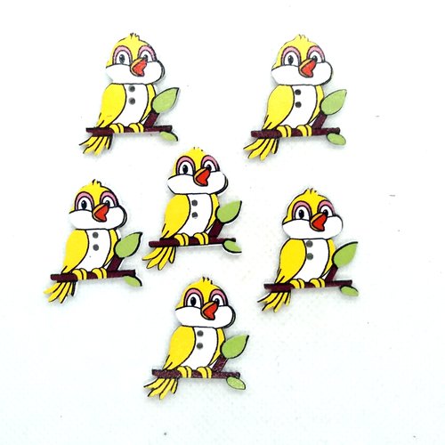 6 boutons en bois fantaisie - oiseaux jaune et blanc - 24x31mm - bri584