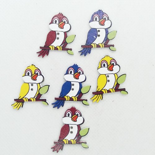 6 boutons en bois fantaisie - oiseaux multicolore et blanc - 24x31mm - bri584
