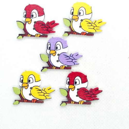 5 boutons en bois fantaisie - oiseaux multicolore et blanc - 24x29mm - bri583