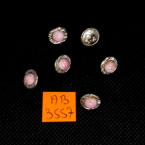 6 boutons en résine rose et métal argenté- 10mm - ab3557
