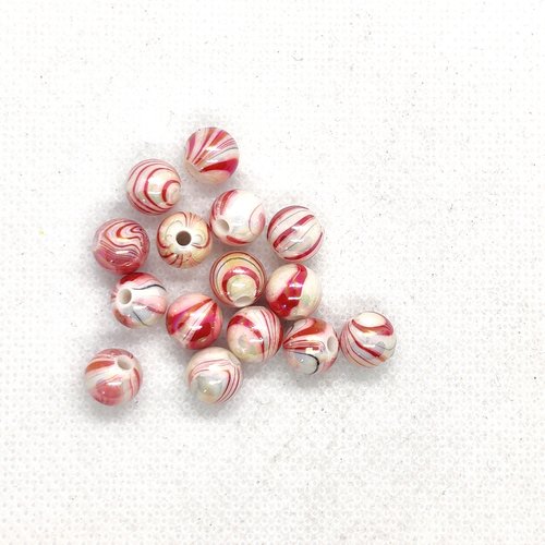 15 perles bicolores rouge / blanc - résine - 8mm - b160