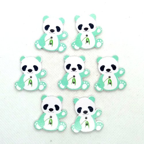 7 boutons en bois fantaisie blanc et vert d'eau - panda - 26x28mm - bri592