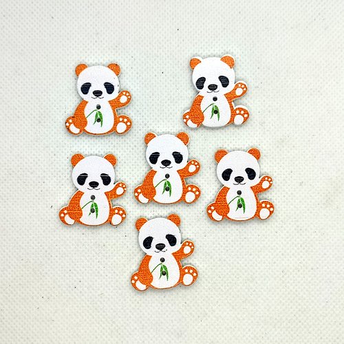6 boutons en bois fantaisie blanc et orange - panda - 26x28mm - bri592