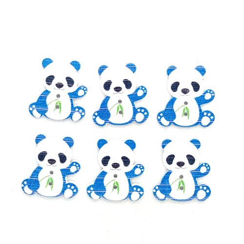 6 boutons en bois fantaisie bleu et blanc - panda - 26x28mm - bri592