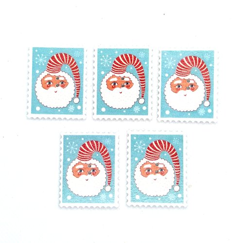 5 boutons en bois fantaisie en forme de timbre décor de noel - tete du père noel - 30x38mm - bri613