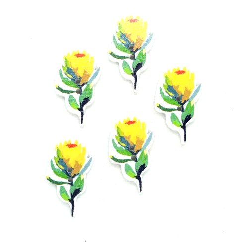5 boutons en bois fantaisie - fleur jaune - 30x16mm - bri601