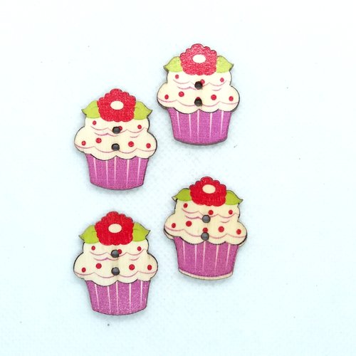 4 boutons en bois fantaisie - cupcake mauve et fleur rouge - 24x30mm - bri602