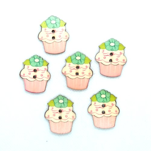 6 boutons en bois fantaisie - cupcake rose et fleur verte - 24x30mm - bri602