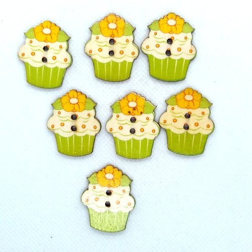7 boutons en bois fantaisie - cupcake vert et fleur jaune - 24x30mm - bri602