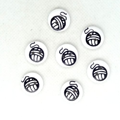 7 boutons en bois fantaisie - fil à tricoter blanc et noir - 15mm - bri600