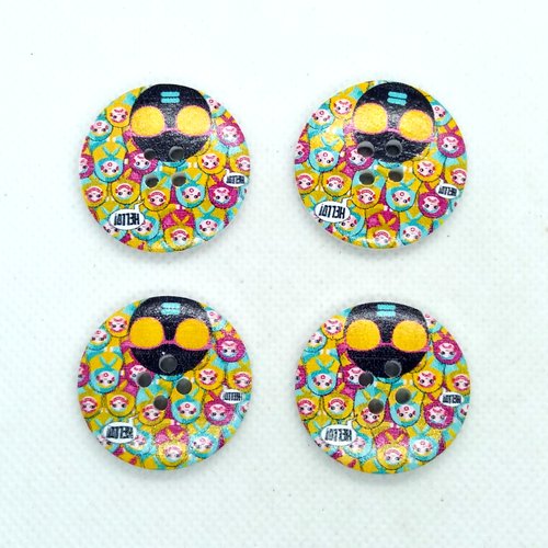 4 boutons fantaisie en bois - multicolore avec des lunettes jaune - 30mm - 16