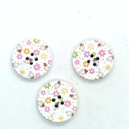 3 boutons fantaisie en bois - petite fleur multicolore sur fond blanc - 30mm - 16
