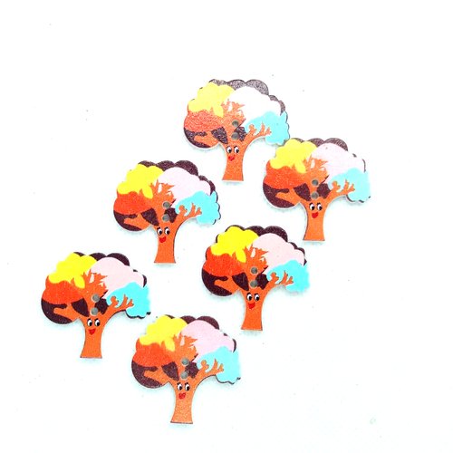 5 boutons en bois fantaisie - arbre avec des yeux - 28x28mm - bri622