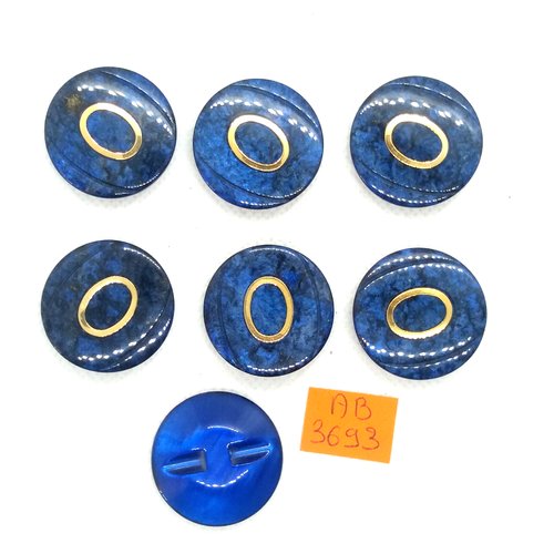 7 boutons en résine bleu et doré - 28mm - ab3693