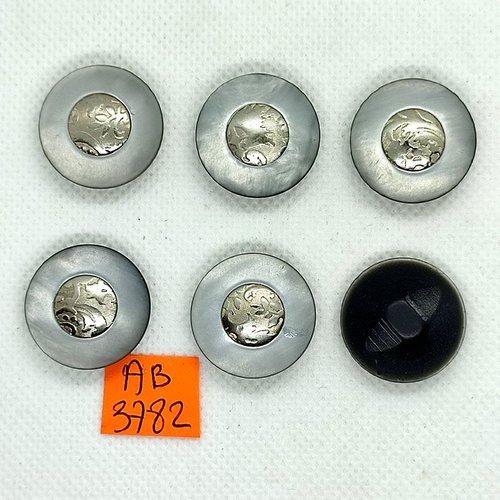 6 boutons en résine gris et argenté - 22mm - ab3782