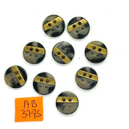 9 boutons en résine gris et doré - 15mm - ab3785