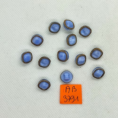 13 boutons en verre bleu et doré - 11x11mm - ab3791