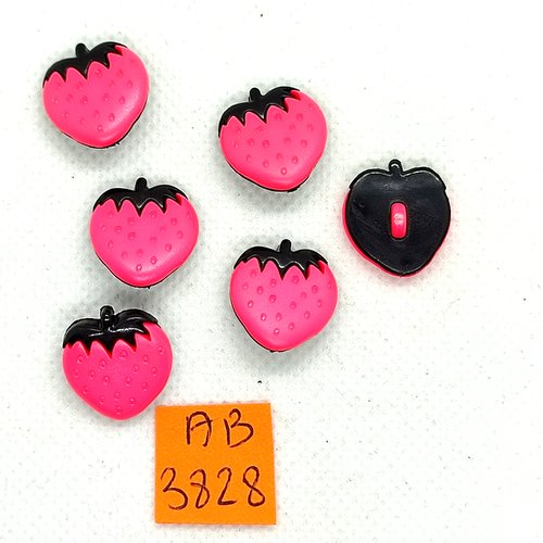 6 boutons en résine fantaisie - fraise rose fluo - 17x15mm - ab3828