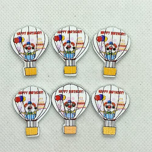 6 boutons en bois fantaisie - montgolfière avec des ballons - 29x22mm - bri634