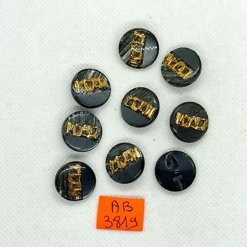 9 boutons en résine gris et doré - 18mm - ab3819
