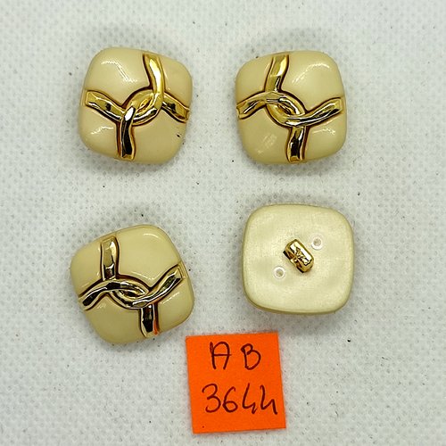 4 boutons en résine ivoire et doré  - 20x20mm - ab3644