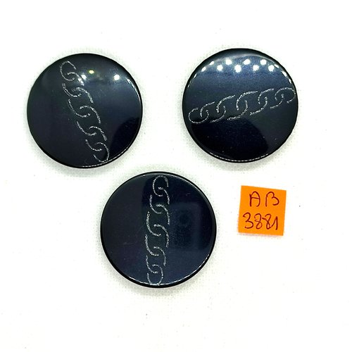 3 boutons en résine noir et argenté - 37mm - ab3881