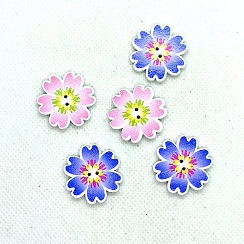 5 boutons en bois fantaisie - fleur bleu et rose - 24mm - bri635