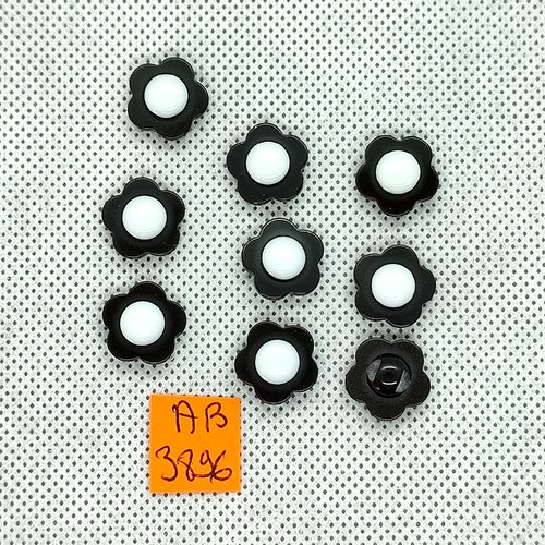 9 boutons en résine gris foncé et blanc - fleur - 14mm - ab3896
