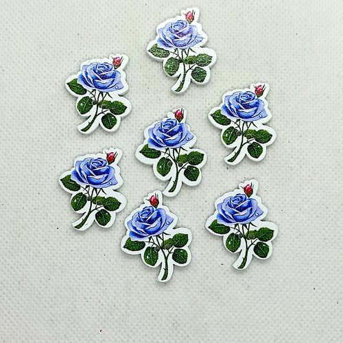 7 boutons en bois fantaisie - une fleur bleu et vert - 25x31mm - bri627