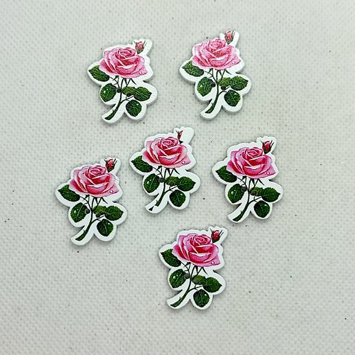 6 boutons en bois fantaisie - une fleur rose et vert - 25x31mm - bri627