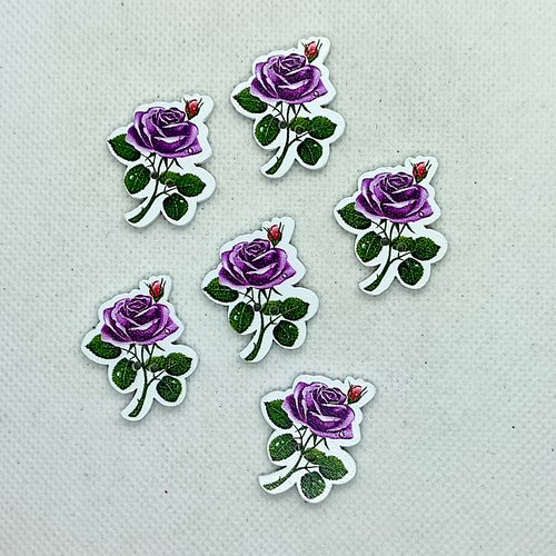 6 boutons en bois fantaisie - une fleur violet et vert - 25x31mm - bri627