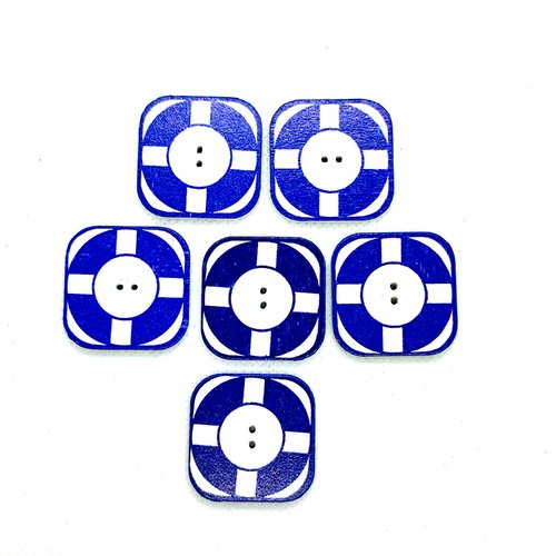 6 boutons en bois fantaisie - une bouée bleu et blanc - 29x29mm - bri645